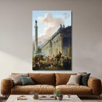 Veduta Immaginaria Di Roma Con La Statua Equestre Di Marco Aurelio La Colonna Di Traiano E Un Tempio Hubert Robert hrb43 quadro